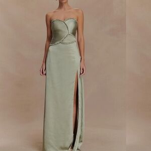Meshki Sage Green Strapless Evening Gown with High Side Slit
